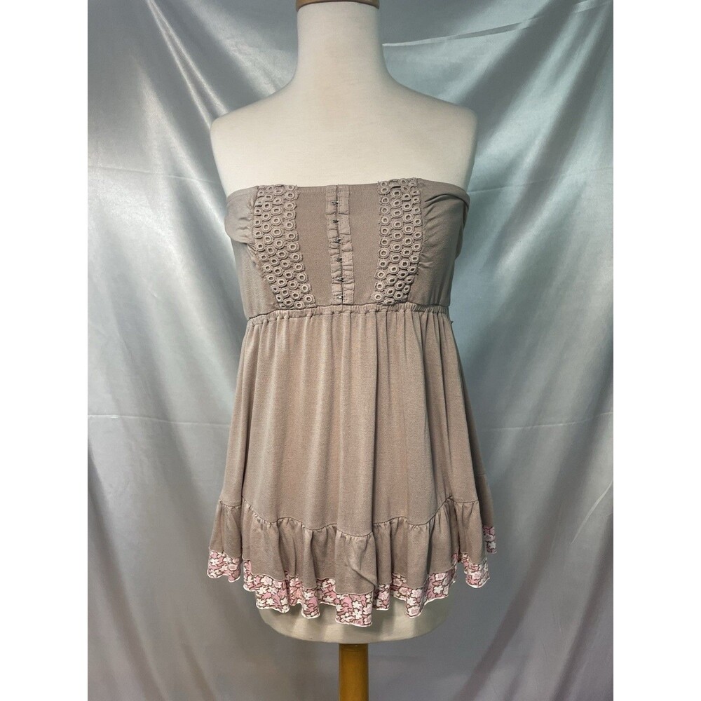 Y2K Decree Tube Shirt XL Taupe Floral Boho Fairycore Peplum Ruffle 2000s Halter